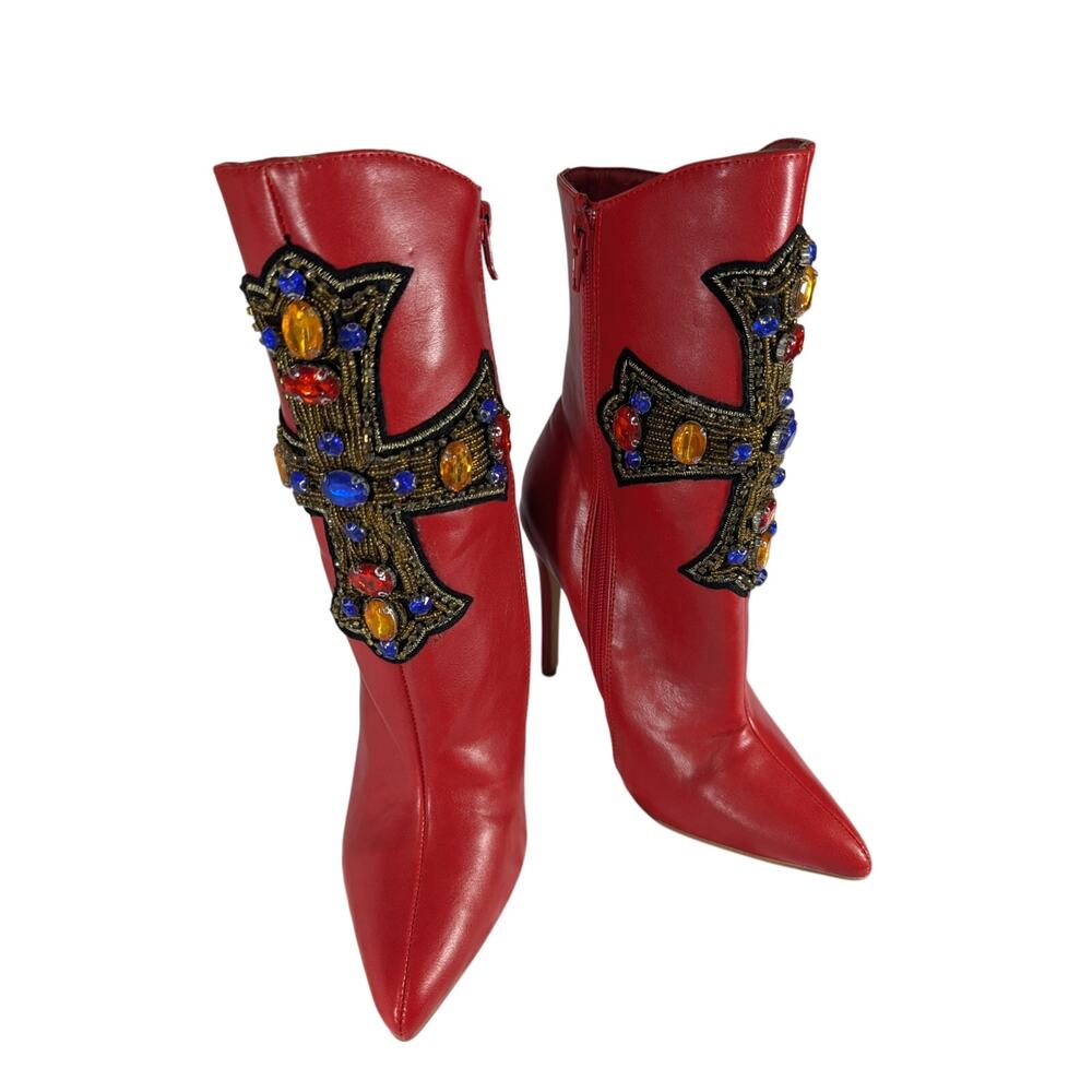 NWOT! FAB ROUGE RED ANKLE BOOTS WITH BEADED & JEWELED, EMBROIDERED CROSS! SZ 6 - Picture 5 of 11